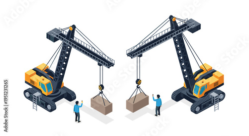 Isometric construction site scene featuring powerful tower cranes efficiently moving large concrete blocks or cargo.