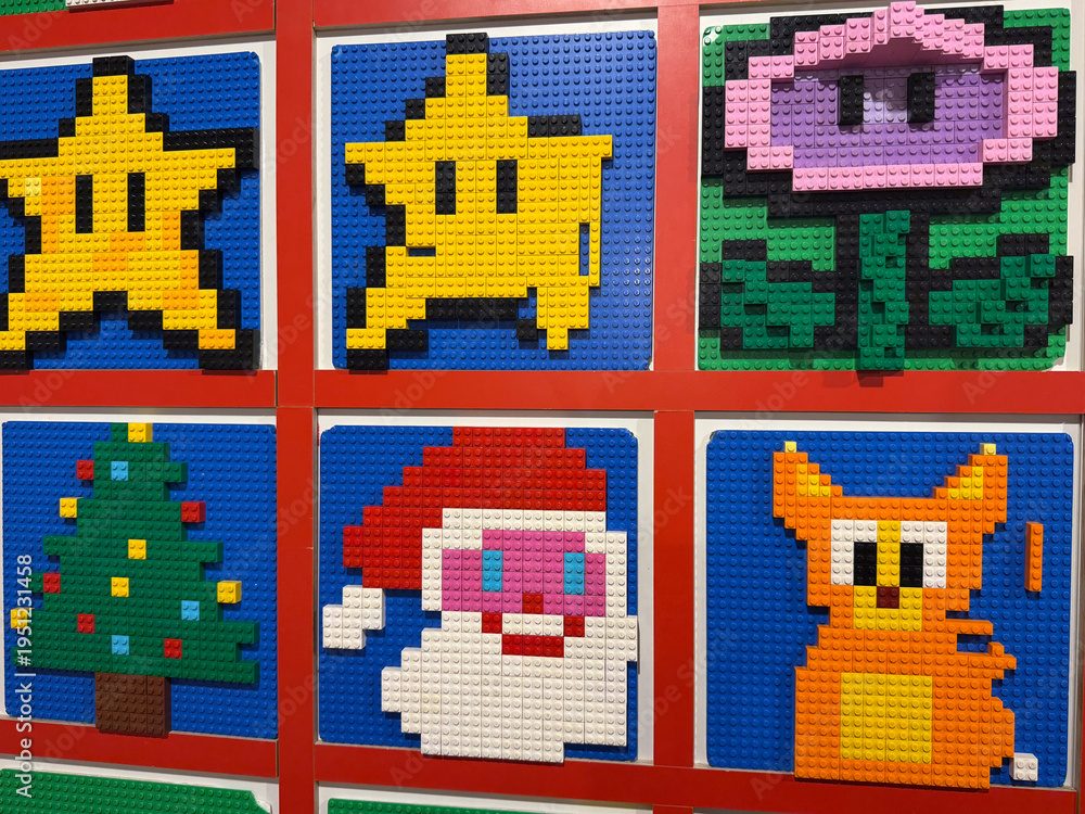 Fototapeta premium Colorful lego pixel-art mosaics in framed grid