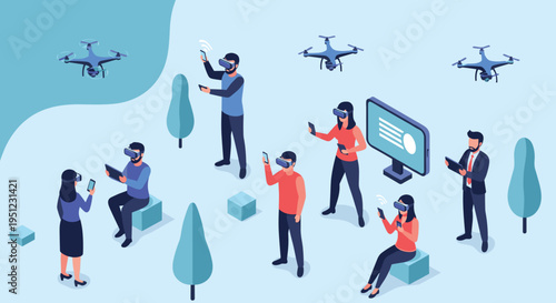 Modern technology concept showing a group of people using virtual reality headsets, drones, and digital devices.