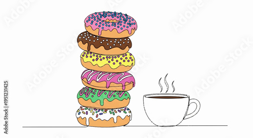 Wallpaper Mural Stacked colorful donuts with steaming hot coffee cup on white background sweet treats and morning beverage Torontodigital.ca