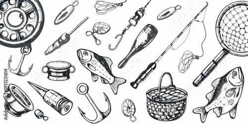 Vintage fishing equipment illustration hooks reels fish and a landing net