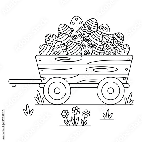 Easter coloring page with wooden cart filled with decorated eggs in spring garden