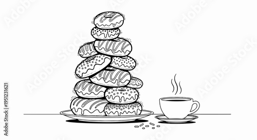 Delicious donuts stacked high with steaming hot coffee cup on side sweet treat concept