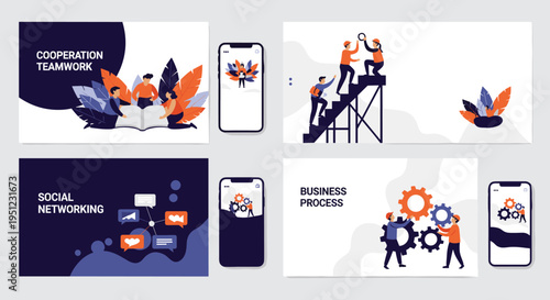 Set of four business landing page templates covering cooperation, social networking, teamwork, and processes.