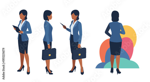 Professional African American businesswoman character in a formal blue suit shown from various perspectives.