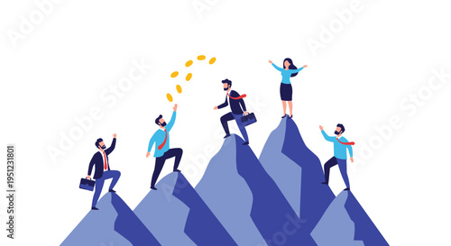 Business team members climbing a series of mountain peaks representing career growth, success, and achieving financial goals.