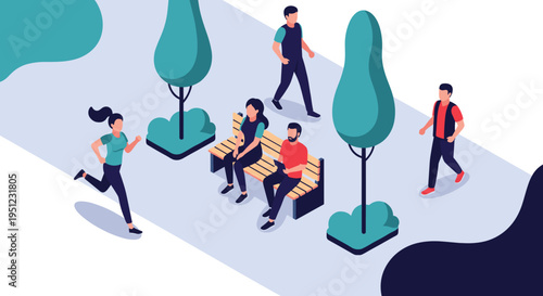 People enjoying various outdoor activities in a park setting with trees, benches, and pathways for walking and jogging.