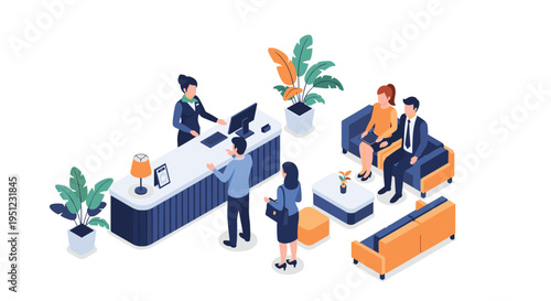 Hotel reception area featuring guests checking in at the front desk and waiting on sofas in a stylish lounge environment.