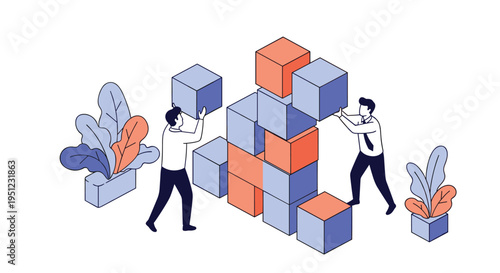 Two business professionals collaborating to build a structure using large blocks symbolizing teamwork and project development.