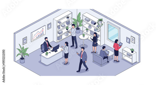 Busy office interior scene with employees working at desks, standing in discussions, and moving through the workspace.
