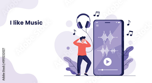 Music player mobile application interface with a character listening to audio through headphones and floating musical notes.