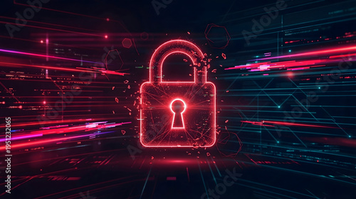 Abstract digital illustration of a glowing red padlock icon representing a cyber security breach data threat or advanced network encryption in a futuristic high tech setting