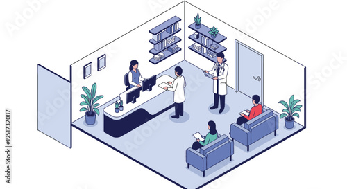 Modern clinic reception area with patients waiting on sofas and medical staff managing appointments and records.