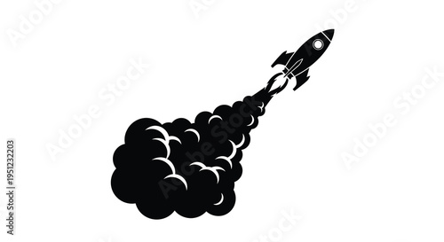 A striking black silhouette depicts a rocket launching with a trail of smoke symbolizing speed and space exploration
