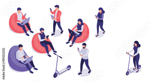 Group of young people using laptops, tablets, and smartphones while sitting on bean bags or riding electric scooters.