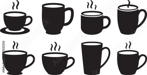 Collection of hot steaming coffee mugs and cups with various designs and sizes in black silhouette