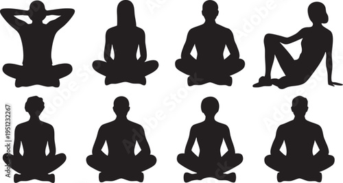 Eight diverse black silhouettes of people meditating in lotus pose on transparent background