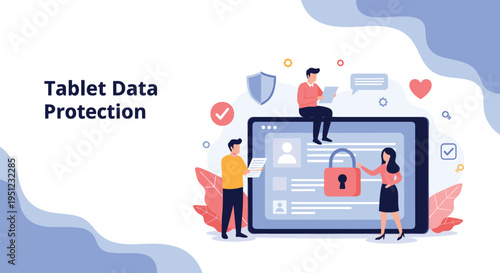 Digital data protection concept with characters securing sensitive information on a tablet screen with a large padlock.