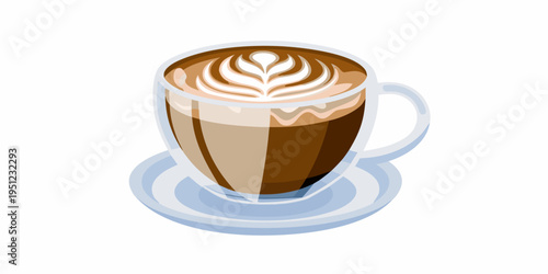 A detailed illustration of a latte in a glass cup with saucer