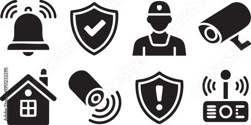 Home security system elements, safety and protection icons, surveillance technology