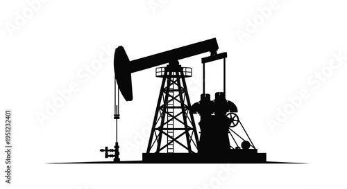 A stark silhouette of an oil pump commonly known as a nodding donkey against a plain white background
