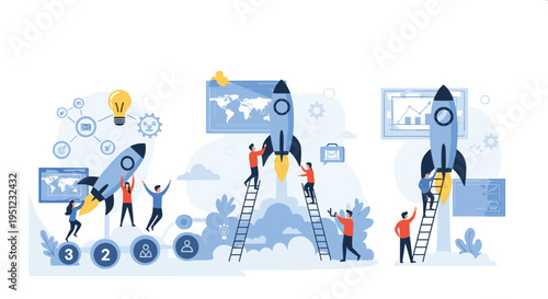 Successful business startup concept showing a team of workers launching multiple space rockets representing growth and project development.