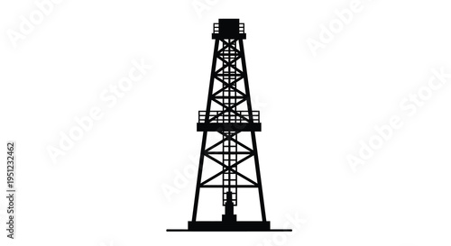A stark black silhouette of an oil derrick stands prominently against a clean white background representing energy extraction