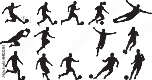 Silhouettes of soccer players in various dynamic movements action