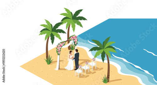 Romantic beach wedding ceremony featuring a bride and groom standing under a floral arch by the ocean with guest chairs on the sand.
