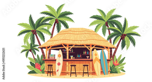 Tropical Beach Bar with Palm Trees and Surfboards