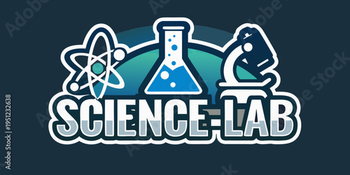 A colorful science lab logo featuring beakers atoms and a microscope