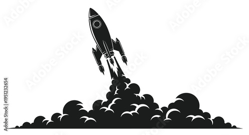 A stylized black and white illustration depicts a rocket launching upwards with significant exhaust and smoke high quality professional