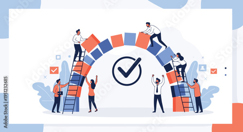 Team of diverse workers building a sturdy arch from colorful blocks representing collaboration, bridge building, and project success.