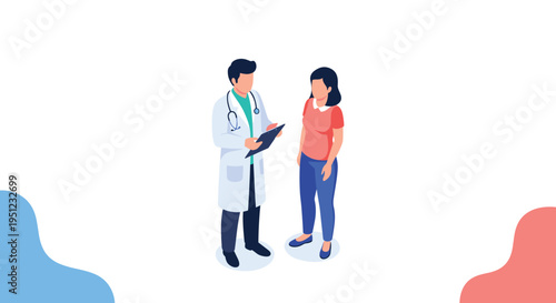 Professional doctor in a white coat consulting with a female patient while reviewing medical records in a clean medical office.