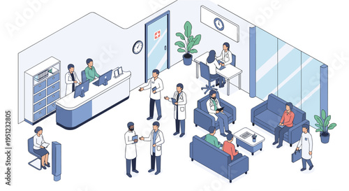 Detailed isometric scene of a modern hospital clinic interior with doctors, nurses, and patients moving through reception and waiting areas.