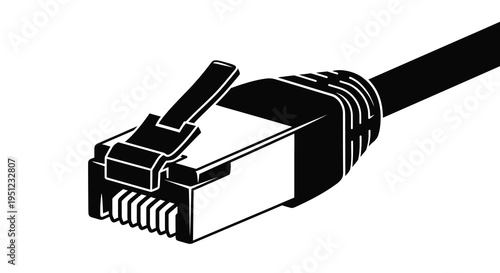 A stark black and white illustration depicts a close up of an ethernet cable connector focusing on its metallic clip and ribbed design