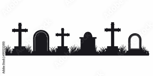 Silhouette of a graveyard with various tombstones and crosses