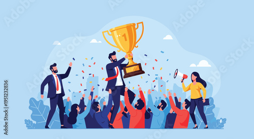 Successful business leader holding a giant gold trophy while being celebrated by a cheering crowd of colleagues and confetti.
