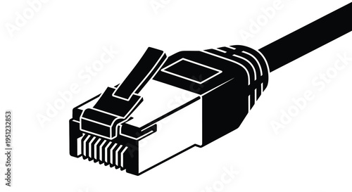 A close up black and white illustration depicts an rj45 ethernet cable connector showing detailed plastic housing and gold contacts high quality