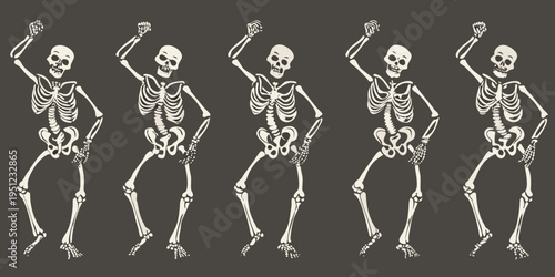 Dancing skeletons joyfully raise their arms in a celebratory pose