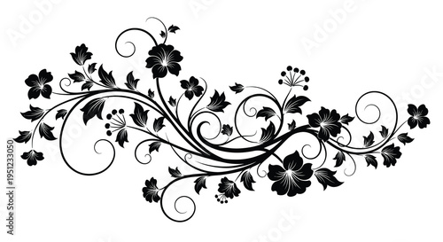 An elegant black and white floral swirl design showcases intricate botanical elements and graceful looping vines high quality professional