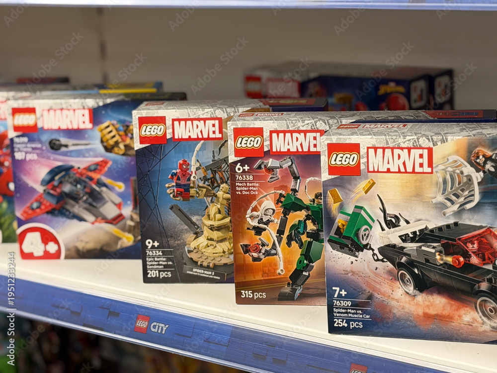 Fototapeta premium Lego marvel building sets on retail shelf
