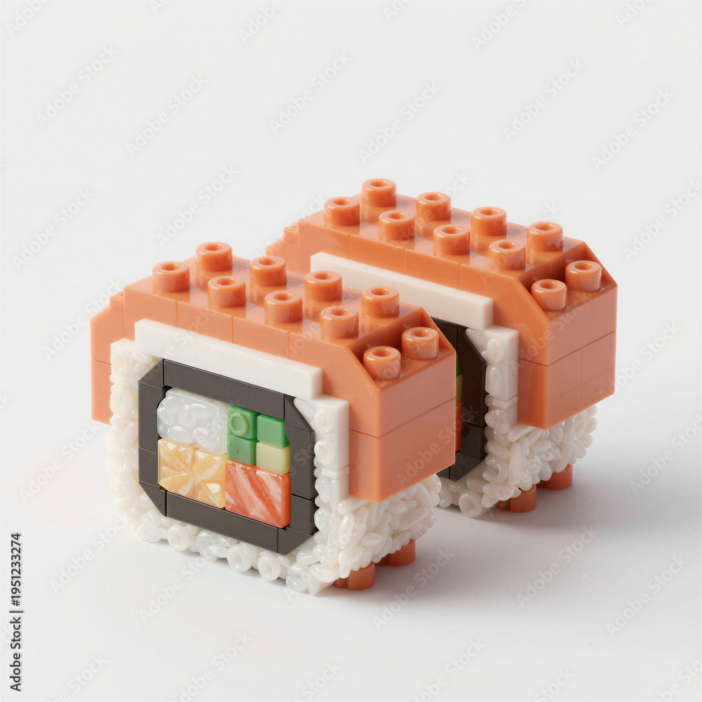 Fototapeta premium Sushi Rolls: Hyper-Realistic Plastic Render of Playful Sushi with Salmon and Rice Colors
