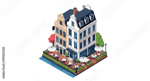 Isometric architectural illustration of a traditional European building with an inviting outdoor riverside cafe and terrace.
