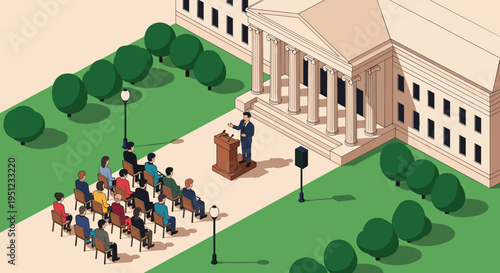 Public speaker addressing a seated audience from a wooden podium in front of a grand neoclassical government building.