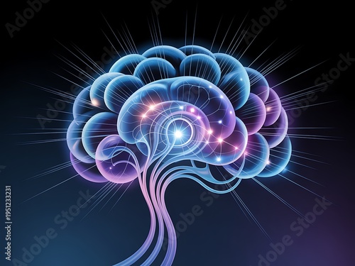 Illustration of futuristic glowing human brain with neural connections and energy beams