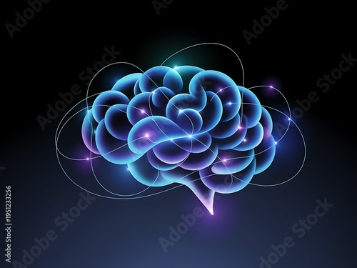 Illustrative glowing futuristic brain with neural network connections and light effects