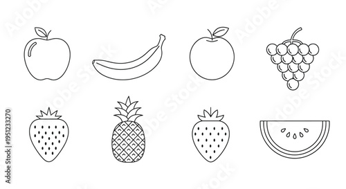 A collection of simple linear fruit illustrations featuring an apple banana grapes strawberry pineapple and watermelon high quality professional
