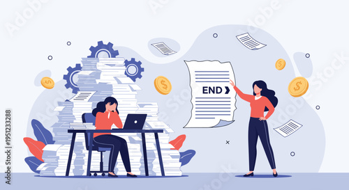 Businesswomen experiencing high stress from heavy paperwork and an official contract termination notice in a modern office.