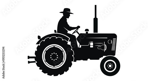 A striking black silhouette depicts a farmer skillfully operating a vintage tractor in a rural setting high quality professional